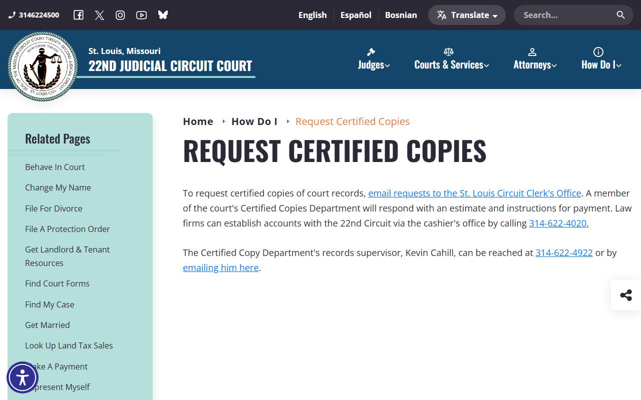 St. Louis City County Circuit Clerk certified copy request instructions