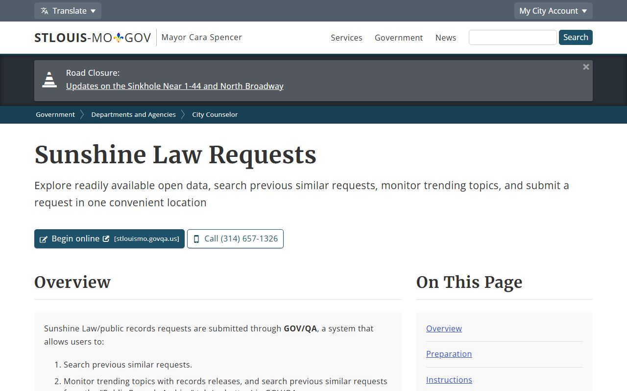 St. Louis City County GOVQA Sunshine request instructions