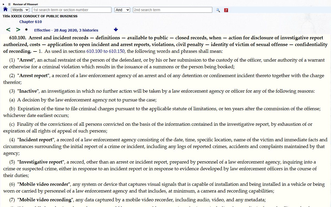 St. Louis City County arrest records RSMo 610.100 law enforcement records