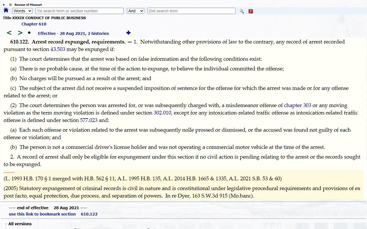 St. Louis City County arrest records expungement RSMo 610.122