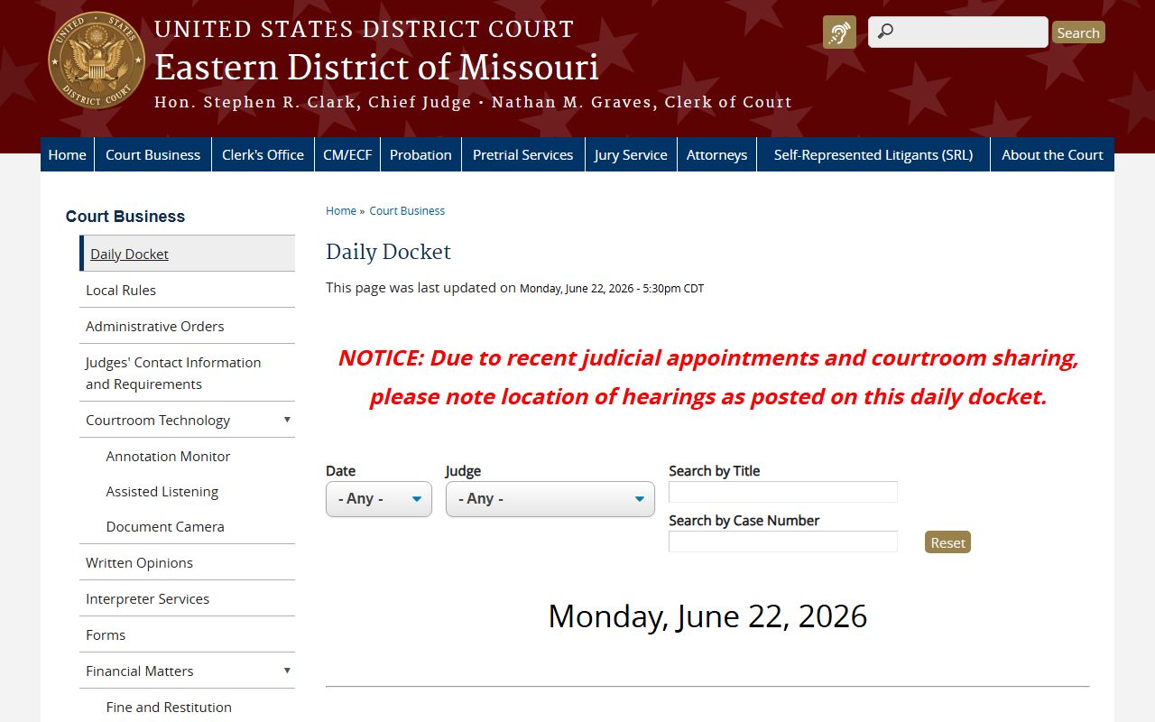St. Louis City County court dockets Eastern District federal daily docket
