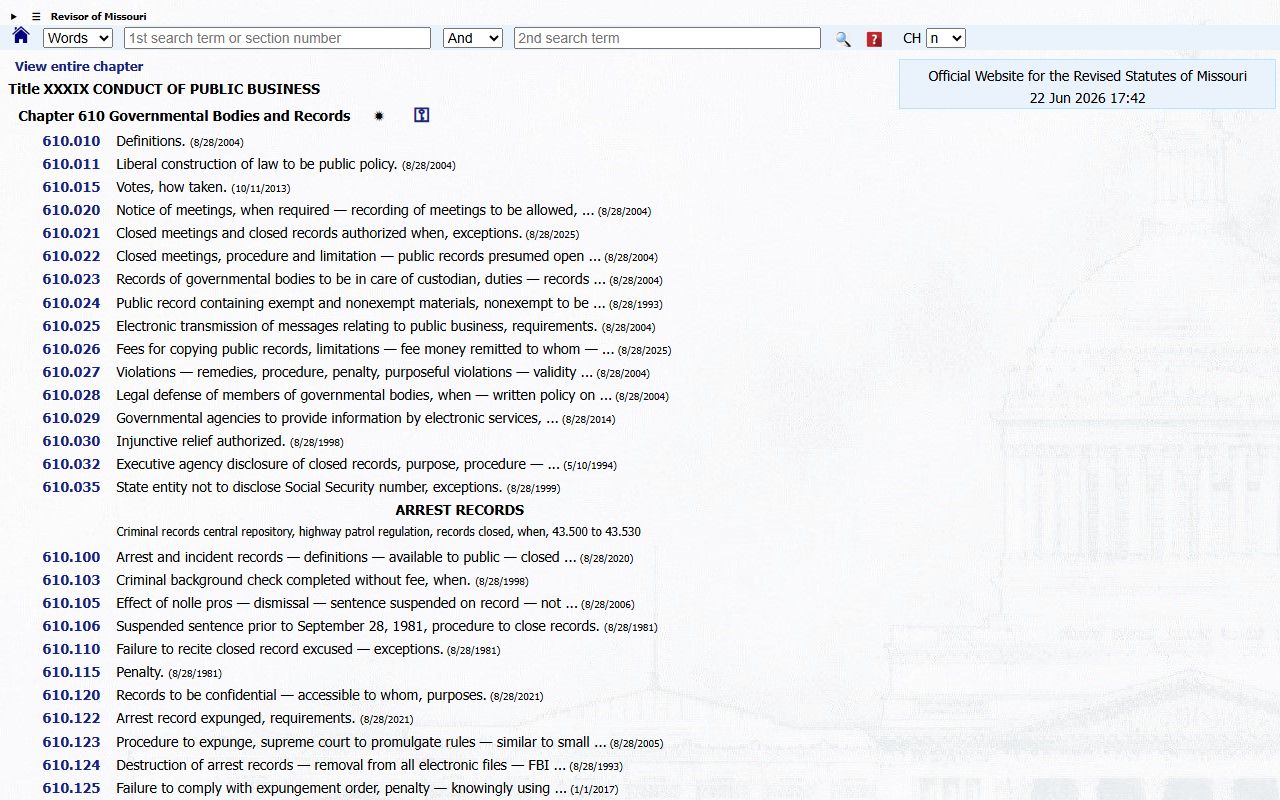 St. Louis City County court records Missouri Sunshine Law Chapter 610 source