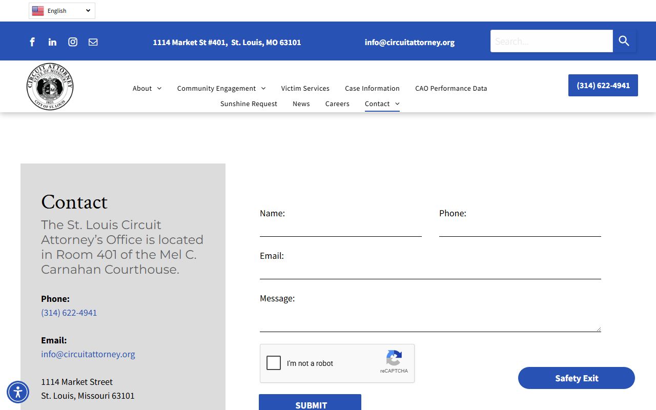St. Louis City County criminal court records Circuit Attorney contact page
