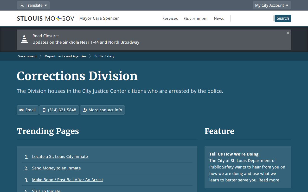 St. Louis City inmate records Corrections Division landing page
