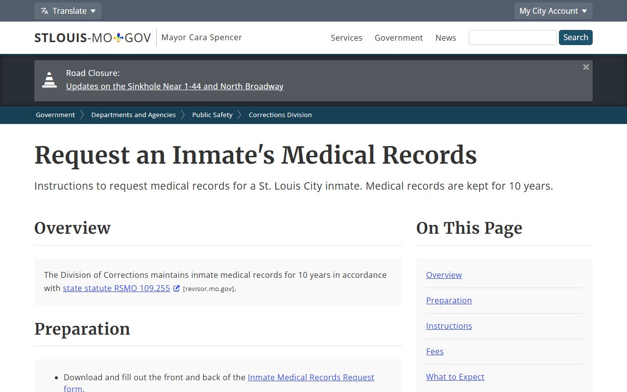 St. Louis City inmate records inmate medical records request page