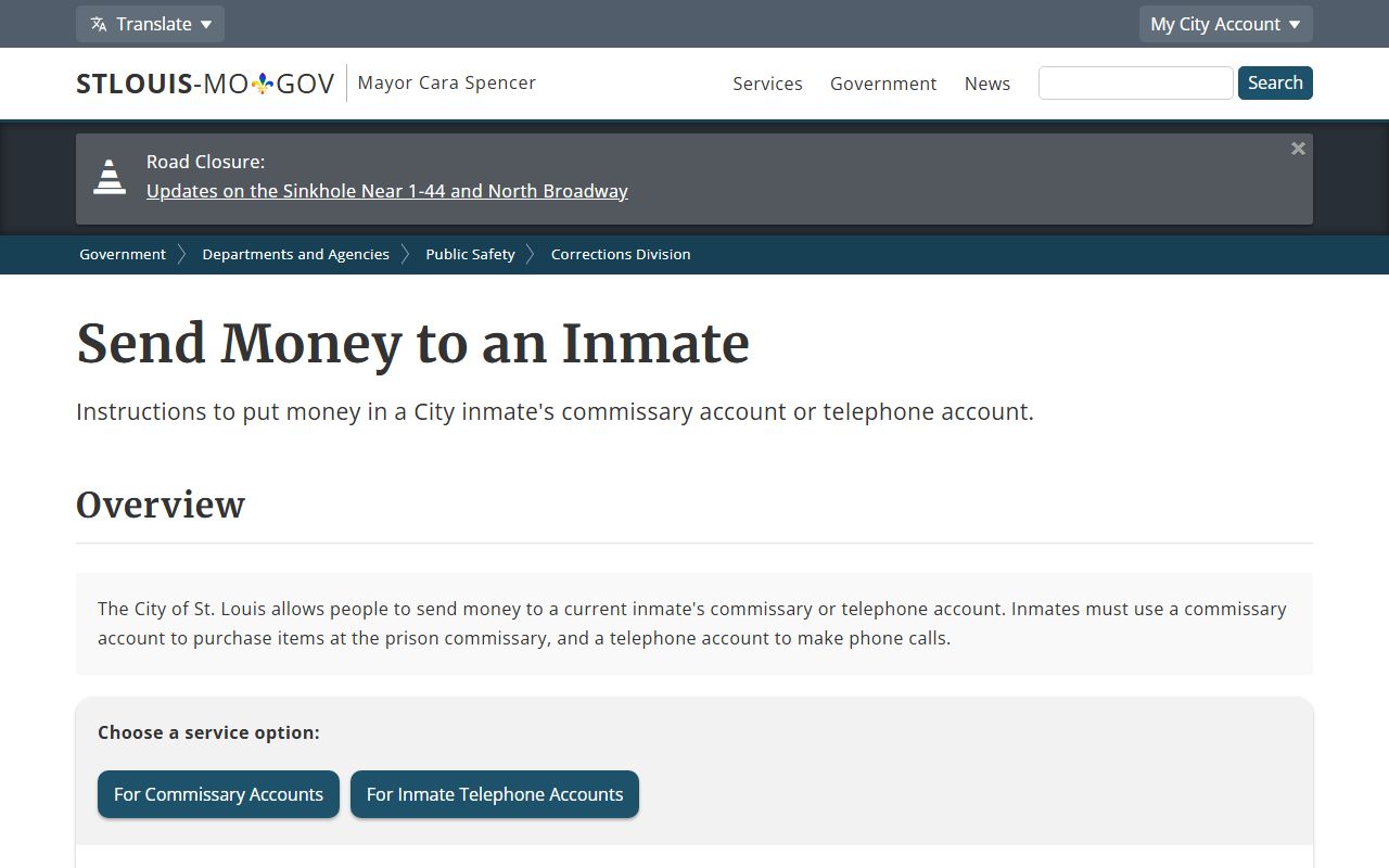 St. Louis City inmate records inmate money and commissary instructions