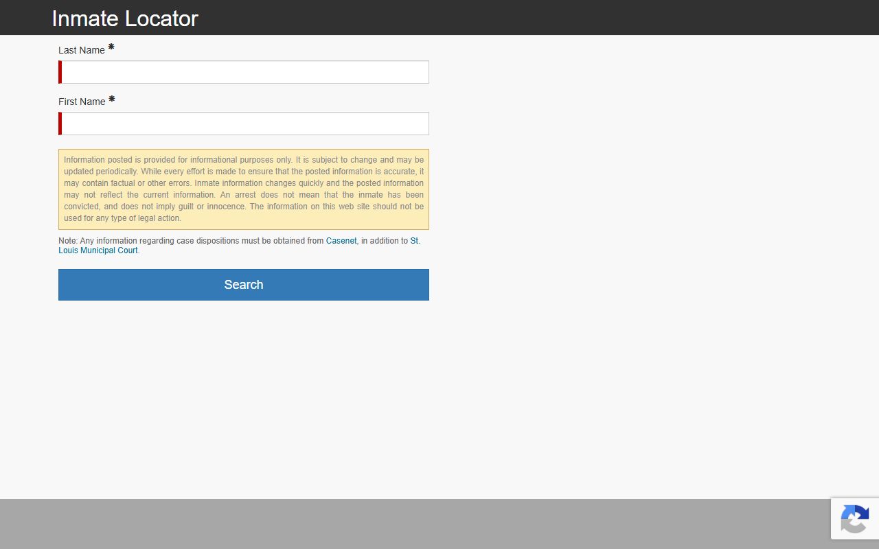 St. Louis City inmate records official inmate locator search page