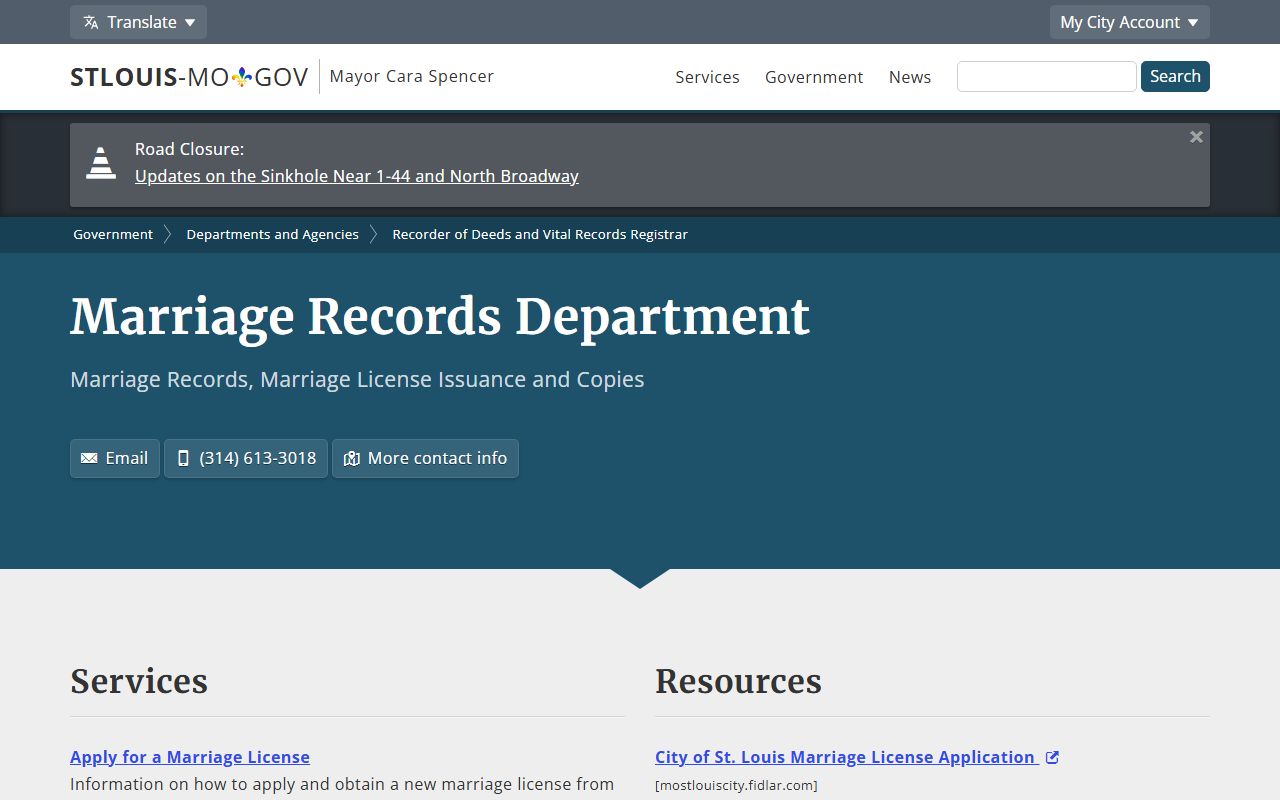 St. Louis City County marriage records department page