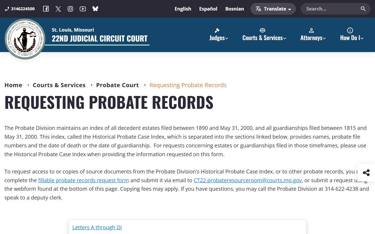 St. Louis City County probate records historical probate case index