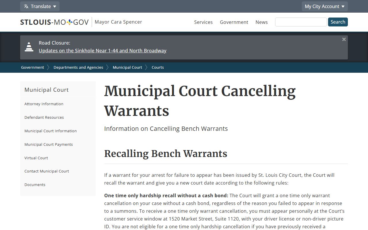 St. Louis City warrant records municipal bench warrant cancellation page